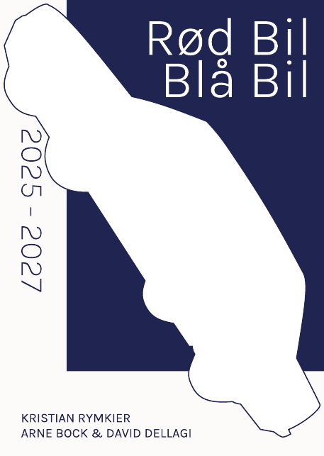 Grafisk blå og hvid bilsilhuet fra Rød Bil Blå Bils originale postkortserie