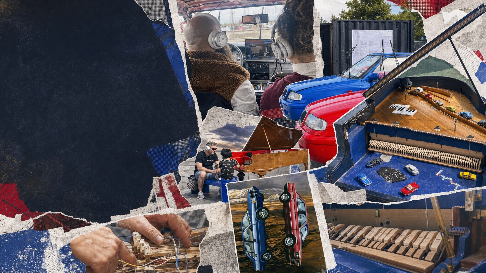 Kunstnerisk collage af de røde og blå biler, flyglerne, publikum og projektets ombyggede materialer